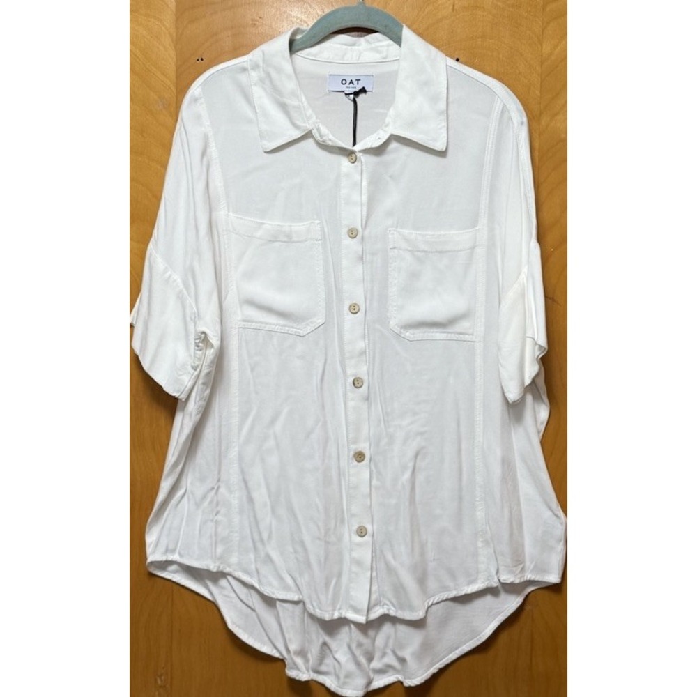 OAT New York Womens Short Sleeve High Low Button Front Oversized Shirt White S